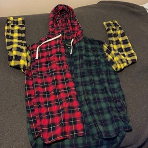 PACSUN MENS Hooded Plaid Flannel Shirt multi colored with pockets, Large